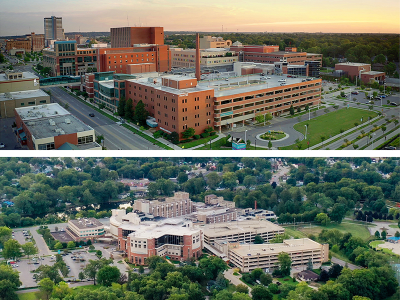 Aerial shots of Beacon’s Memorial and Elkhart hospitals